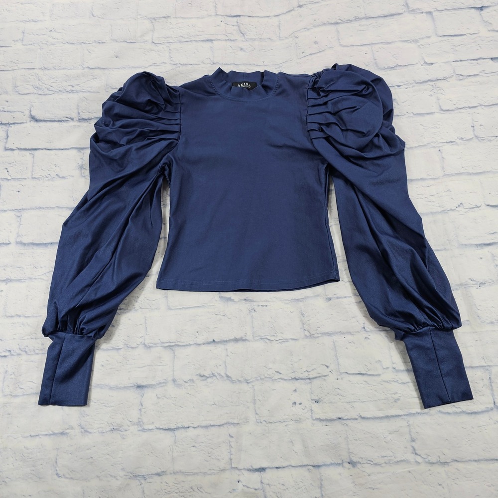 Akira Puff Sleeve Blouse Women S Navy Blue Mock Neck Dramatic Balloon Top